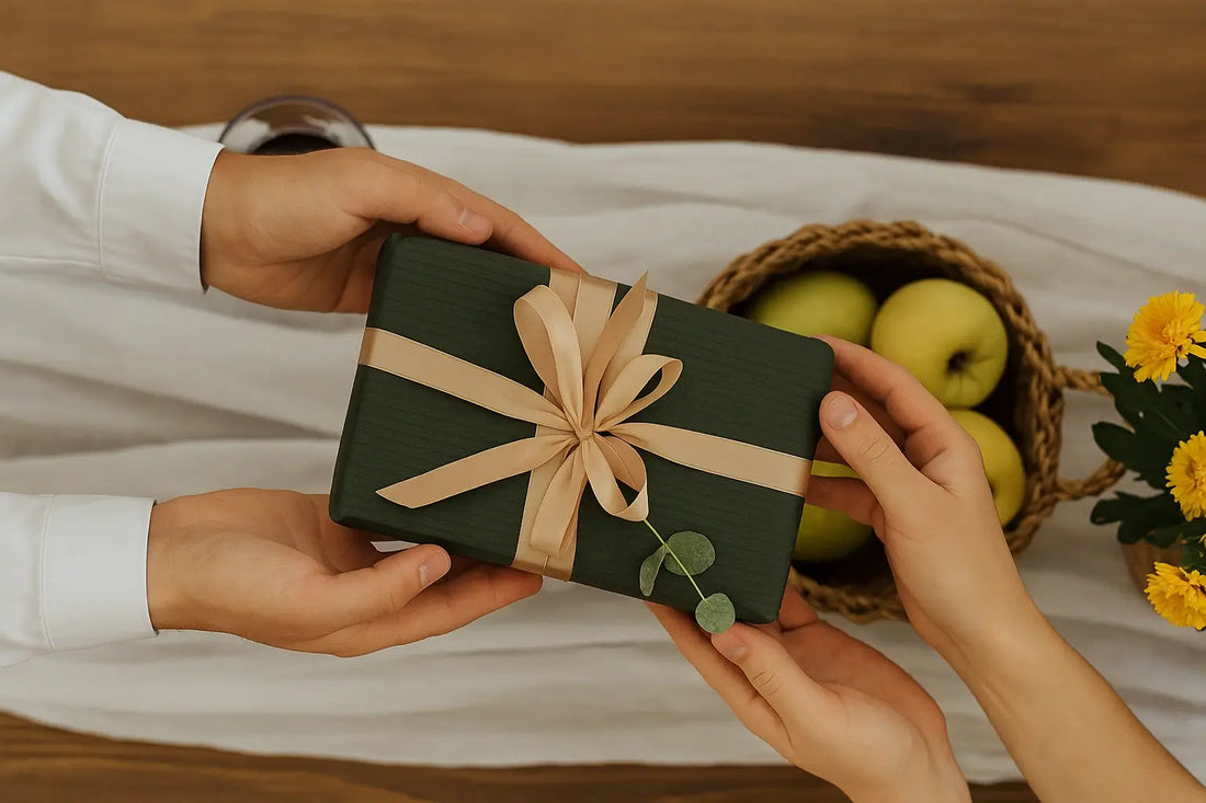 Hands exchanging a green gift box with beige ribbon – perfect 40th birthday present idea for men