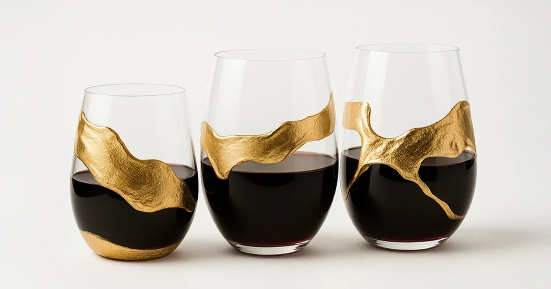 Three hand-painted stemless wine glasses with black and gold abstract designs on a light background.