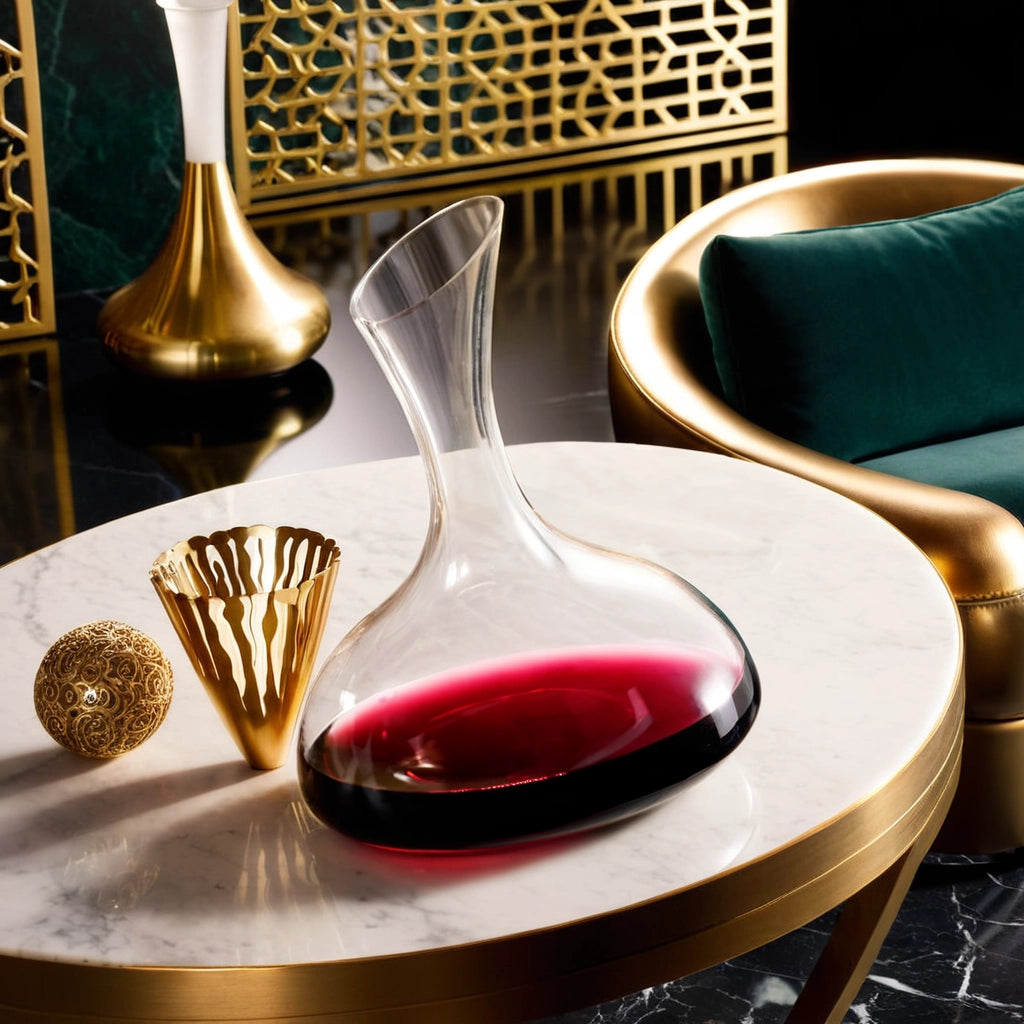 Aequilibrium crystal wine decanter with red wine on a round marble table, styled with gold accents and green velvet chair in a luxurious interior.