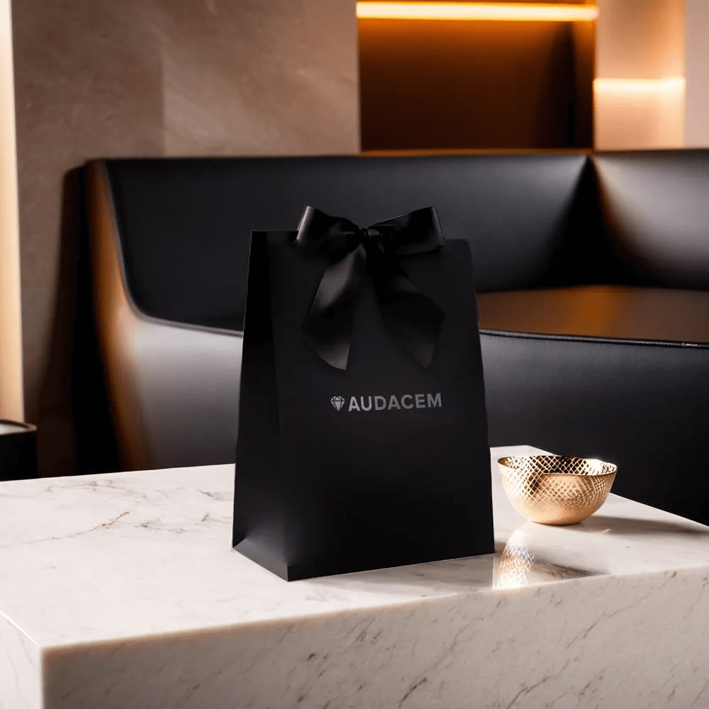 Audacem gift bag, silky ribbon and personal note