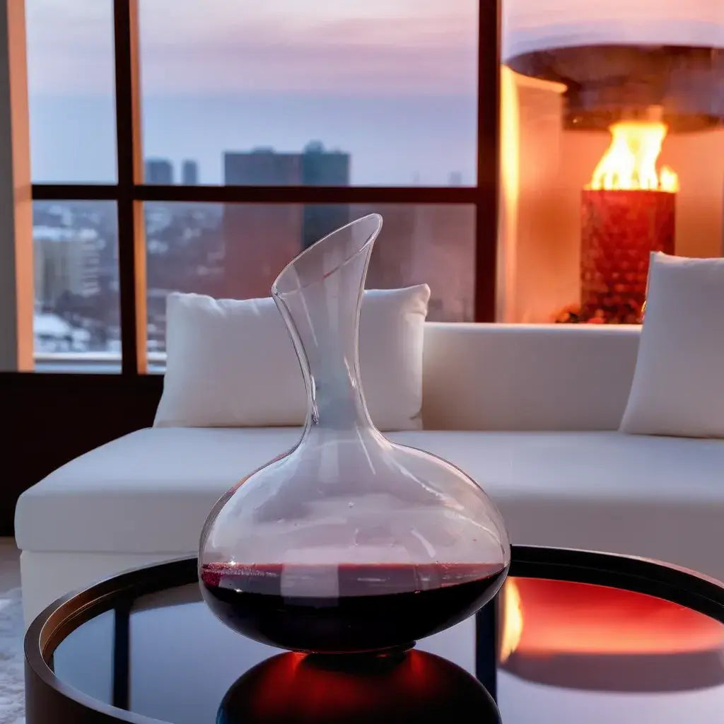 Crystal wine decanter with red wine placed on a modern round table in a luxury living room with city view and fireplace ambiance.