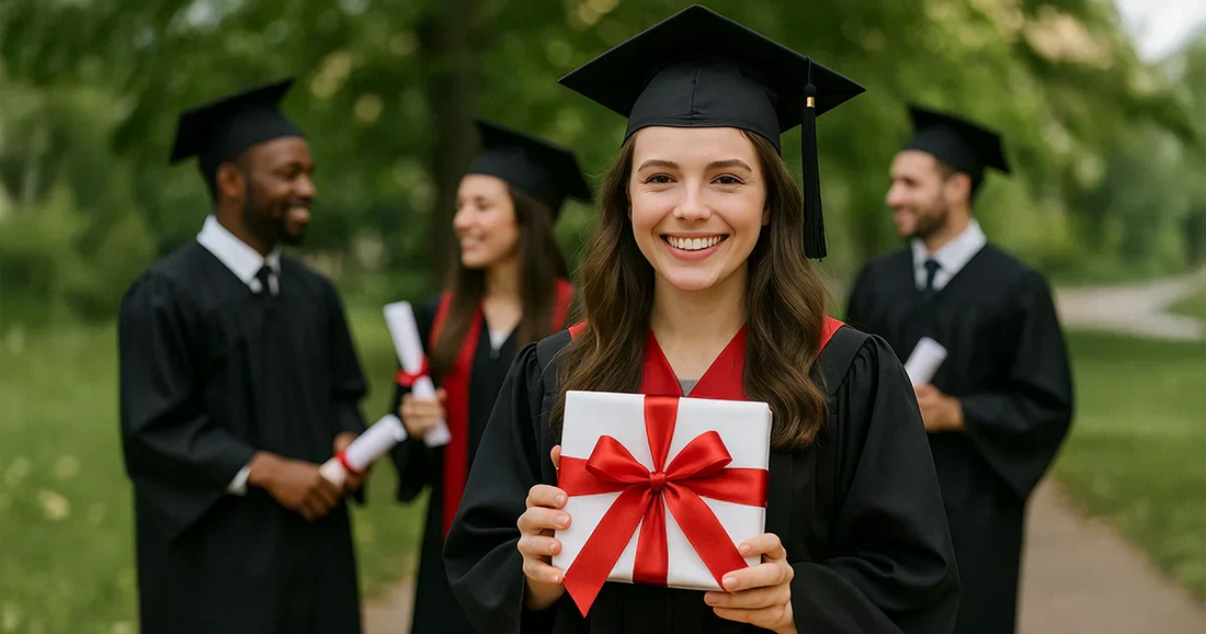 Smiling graduate holding a red gift box with classmates in the background, outdoors on graduation day