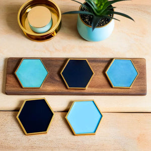 Colorful hexagonal ceramic coasters by Audacem with a potted plant