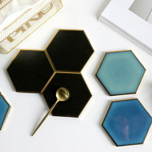 Hexagonal ceramic coasters in blue turquoise and black by Audacem