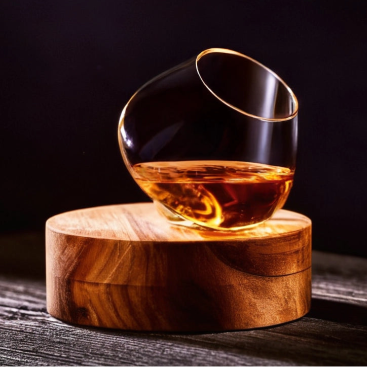 Aequilibrium Spirit Glass filled with whisky, balanced on a handcrafted wooden coaster — a refined design for modern connoisseurs.