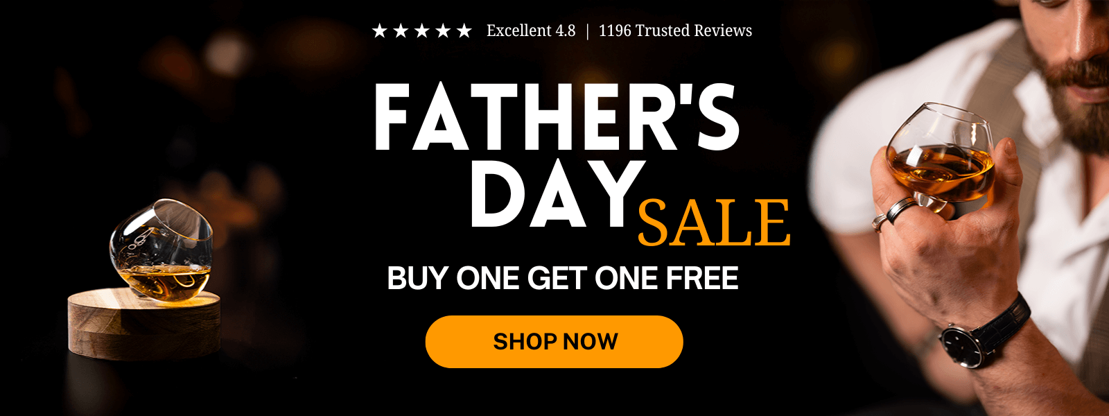 Promotional banner for Father's Day sale with a man holding a glass of whiskey