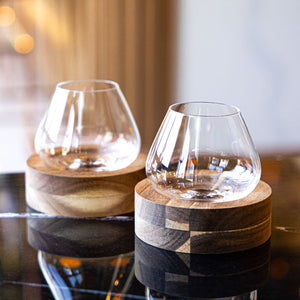 Set of crystal Aequilibrium glasses with handcrafted wooden coasters by Audacem