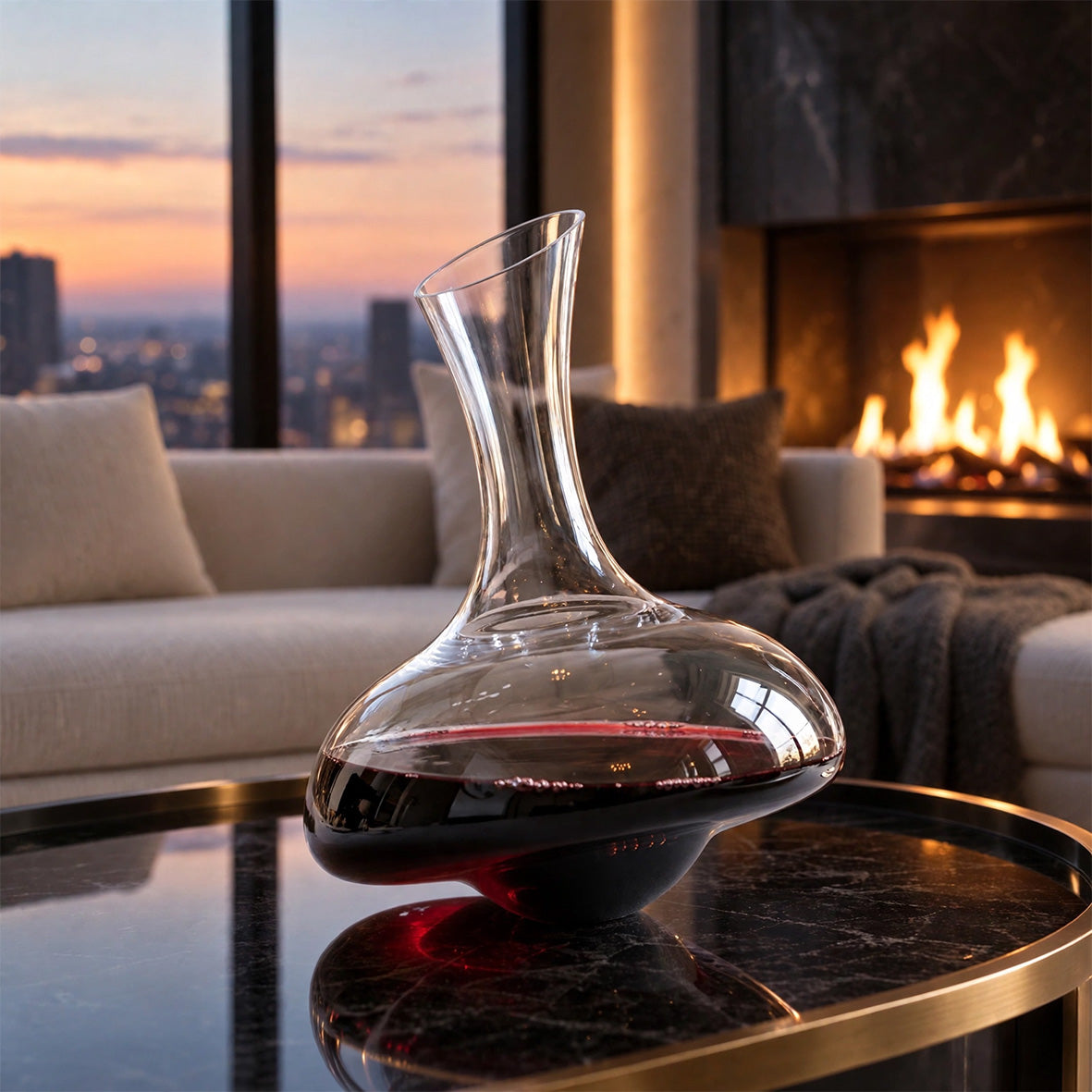 A clear glass wine decanter with a bulbous base and narrow neck, partially filled with red wine, placed on a dark marble coffee table in a modern living room with a fireplace and city view at dusk.