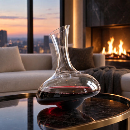 A clear glass wine decanter with a bulbous base and narrow neck, partially filled with red wine, placed on a dark marble coffee table in a modern living room with a fireplace and city view at dusk.