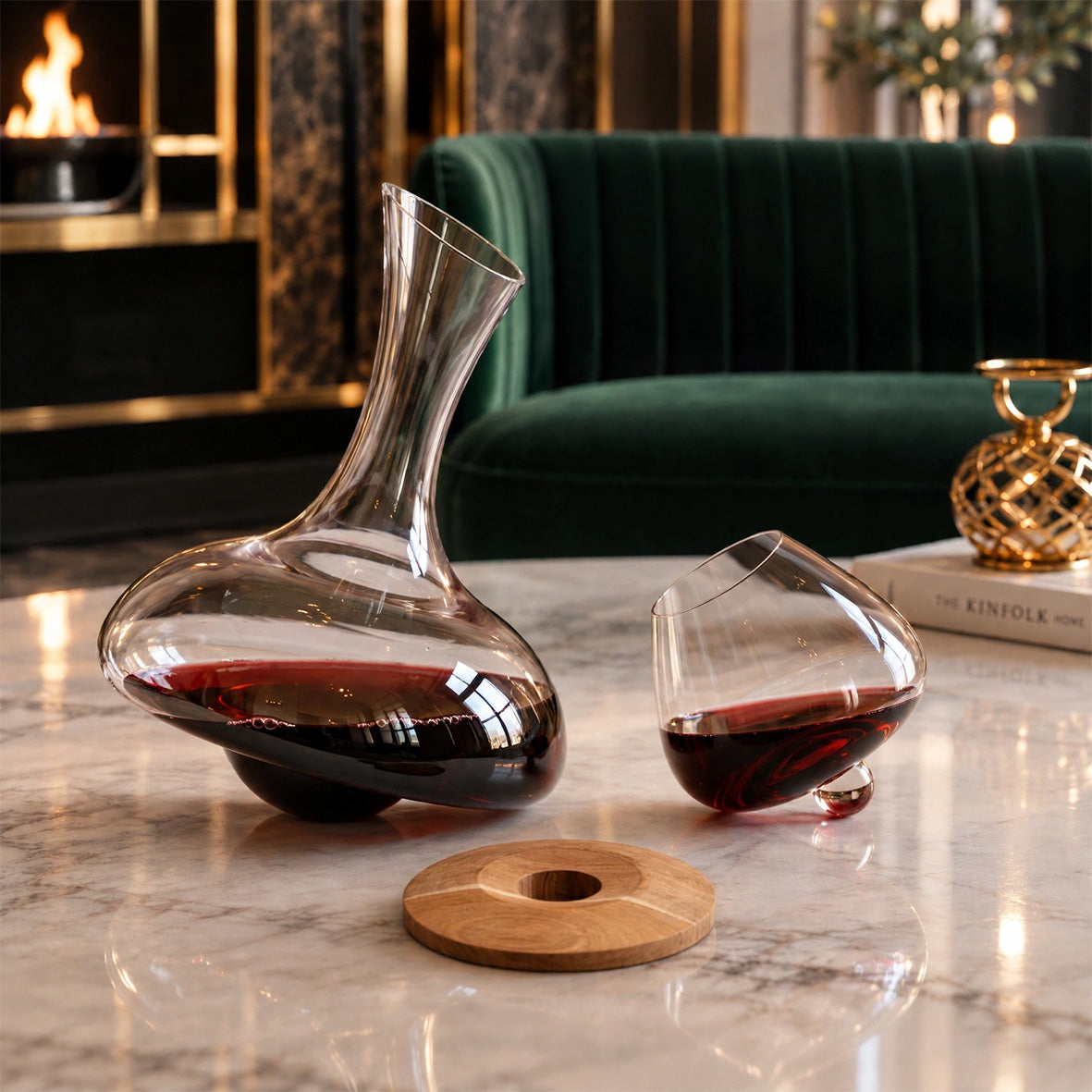 A clear glass decanter and matching glass with a small wooden coaster on a marble table, styled in a luxurious interior with a green velvet sofa and fireplace in the background.