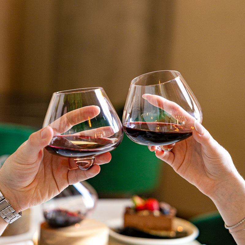 Couple toasting with Aequilibrium wine glasses filled with red wine, cozy dinner setting in background.