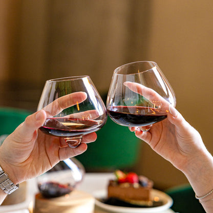 Couple toasting with Aequilibrium wine glasses filled with red wine, cozy dinner setting in background.
