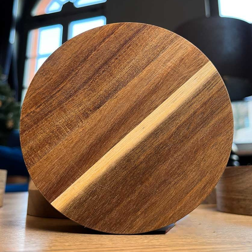 Front view of handcrafted wooden Aequilibrium coaster by Audacem