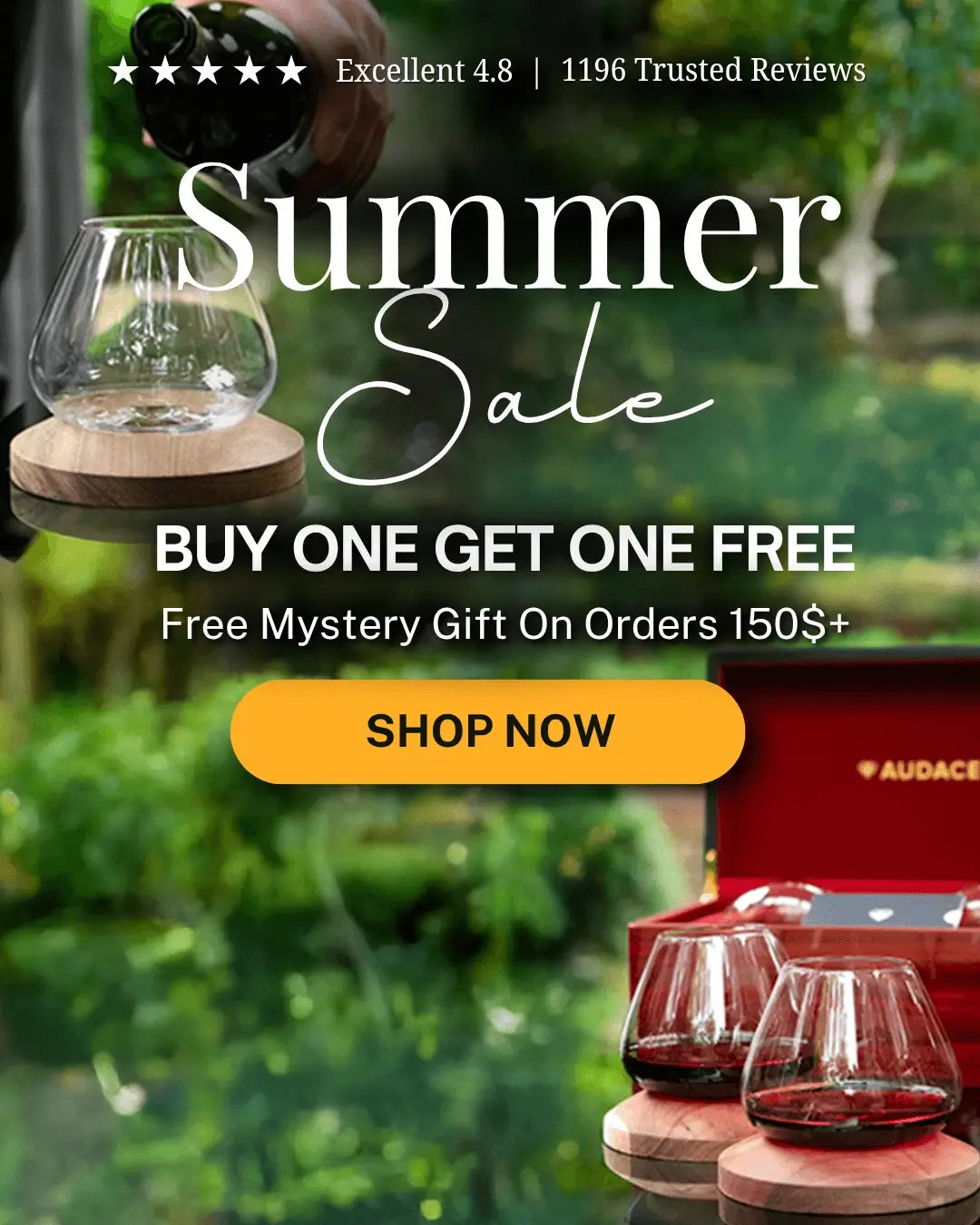 Summer sale advertisement with glasses and a blurred background