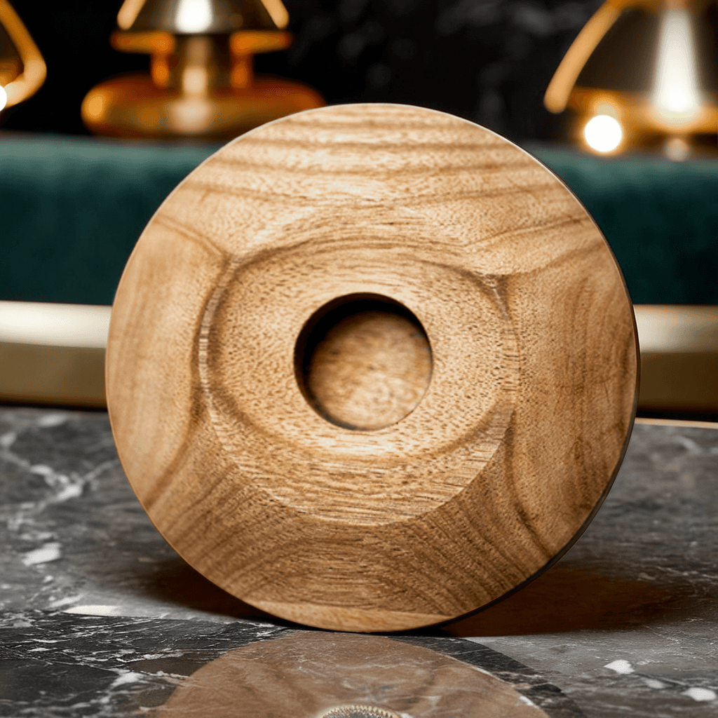 Aequilibrium wooden coaster – handcrafted round oak base with central indent, designed to support rotating wine glasses.