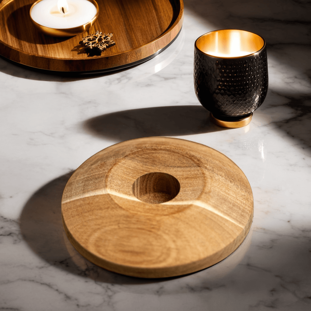 Handcrafted wooden coaster on marble surface, styled with a candle and black cup with gold interior in a warm, aesthetic flat lay.